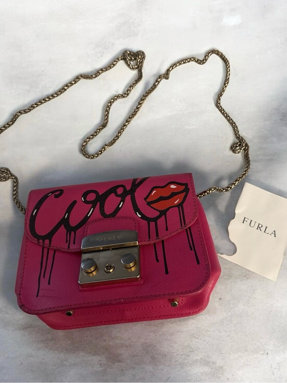 Furla Hot Pink Graffiti Leather Crossbody with Gold Chain